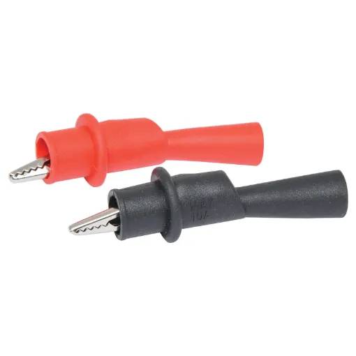 This set of crocodile clip test probe adapters comes with both a red and a black test probe. Simply plug in pin probe to turn it into a crocodile clip connection. This test probe pair will work with P 0407 (Multimeter Test Probes 1000V 10A) and P 0404A (Shrouded Professional Grade Multimeter Test Probes Lead Set).