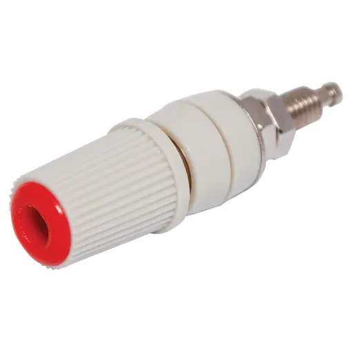 With 4mm Banana Socket and Crosshole.
24A @ 30V AC - 60V dc. 
Protrusion from mounting surface 25mm. Mounting Hole 7mm.