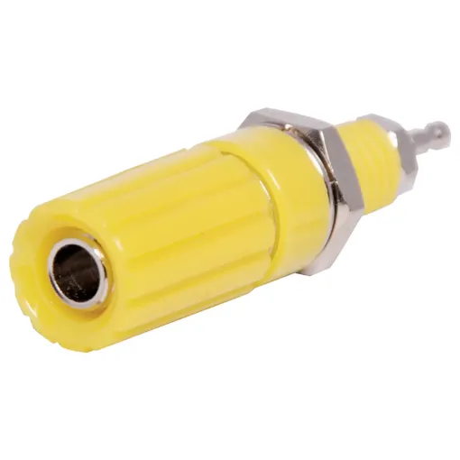 With 4mm banana socket and crosshole. 10A @ 125V AC. 
24mm. Mounting hole 8mm  dia..