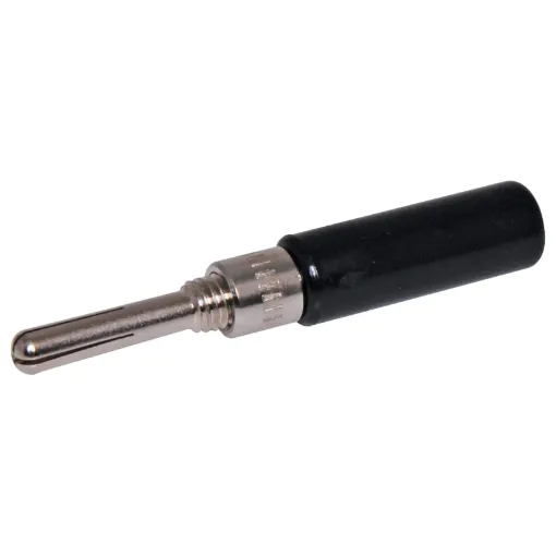 Black banana plug with screw connection for wire termination. 3A @ 125V AC.