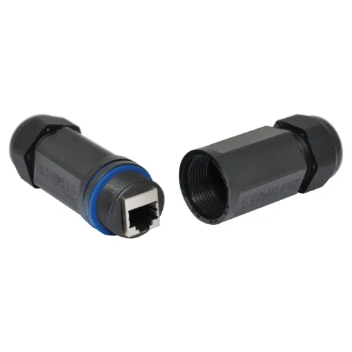 A waterproof joiner for data cables with RJ45 back to back internal connection.