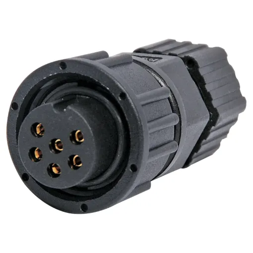 Waterproof IP66 rated 6 Pin male line connector for installations outdoors or in areas prone to moisture build up. 5A rated.

Cable entry sizes 3.5 - 5.3mm