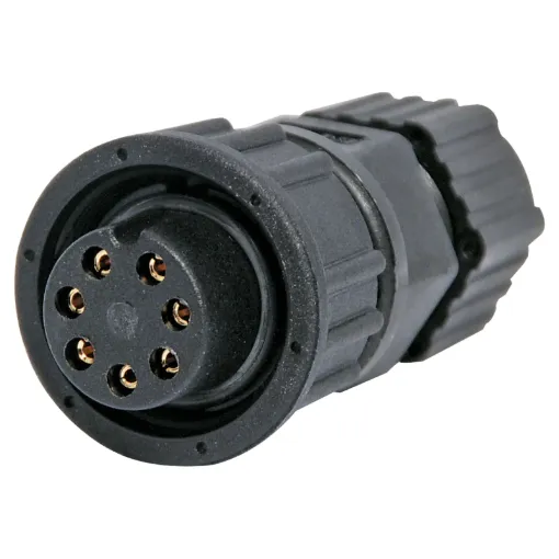 Waterproof IP67 rated 7 Pin male line connector for installations outdoors or in areas prone to moisture build up. 5A rated.

Cable entry sizes 4.5 - 6.5mm