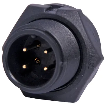 Waterproof IP67 rated 4 Pin male chassis connector for installations outdoors or in areas prone to moisture build up. 5A rated.