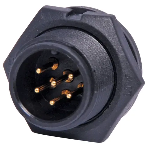 Waterproof IP67 rated 6 Pin male chassis connector for installations outdoors or in areas prone to moisture build up. 5A rated.