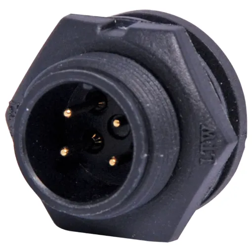 Waterproof IP67 rated 4 Pin male PCB connector for installations outdoors or in areas prone to moisture build up. 5A rated.