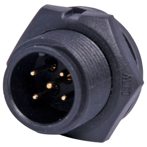 Waterproof IP67 rated 5 Pin male PCB connector for installations outdoors or in areas prone to moisture build up. 5A rated.