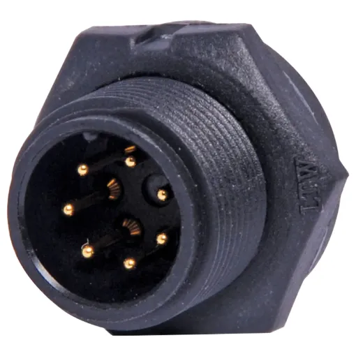 Waterproof IP67 rated 7 Pin male PCB connector for installations outdoors or in areas prone to moisture build up. 5A rated.