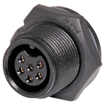 Waterproof IP67 rated 6 Pin female chassis connector for installations outdoors or in areas prone to moisture build up. 5A rated.