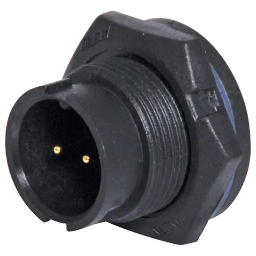 Waterproof IP67 rated 2 Pin Male Solder cup chassis connector for installations outdoors or in areas prone to moisture build up. Lock Type mating ring. 5A rated.