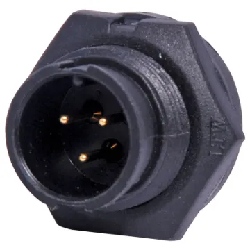 Waterproof IP67 rated 3 Pin Male Solder cup chassis connector for installations outdoors or in areas prone to moisture build up. Lock Type mating ring. 5A rated.