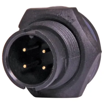 Waterproof IP67 rated 4 Pin Male Solder cup chassis connector for installations outdoors or in areas prone to moisture build up. Lock Type mating ring. 5A rated.