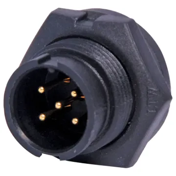 Waterproof IP67 rated 5 Pin Male Solder cup chassis connector for installations outdoors or in areas prone to moisture build up. Lock Type mating ring. 5A rated.