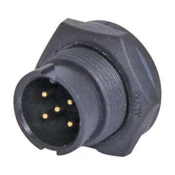 Waterproof IP67 rated 5 Pin Male Solder cup chassis connector for installations outdoors or in areas prone to moisture build up. Lock Type mating ring. 5A rated.