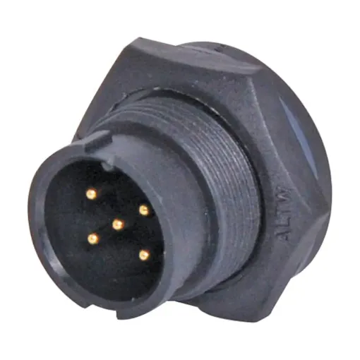 Waterproof IP67 rated 5 Pin Male Solder cup chassis connector for installations outdoors or in areas prone to moisture build up. Lock Type mating ring. 5A rated.