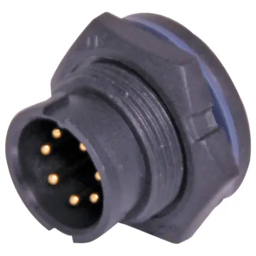 Waterproof IP67 rated 7 Pin Male Solder cup chassis connector for installations outdoors or in areas prone to moisture build up. Lock Type mating ring. 5A rated.