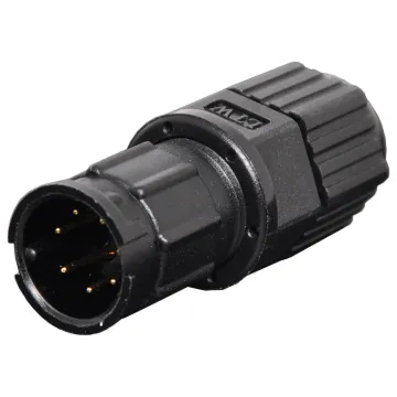 Waterproof IP67 rated 7 Pin male line connector for installations outdoors or in areas prone to moisture build up. 5A rated.