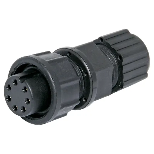 Waterproof IP67 rated 2 Pin Female Line connector for installations outdoors or in areas prone to moisture build up. Lock Type mating ring. 5A rated.