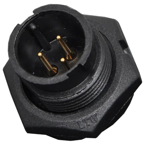 Waterproof IP67 rated 3 Pin Male Chassis Mount PCB Connector. Lock type mounting ring.