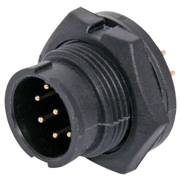 Waterproof IP67 rated 8 Pin PCB pin chassis connector for installations outdoors or in areas prone to moisture build up. Lock Type mating ring. 5A rated.