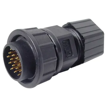 Waterproof IP67 rated 18 pin line connector for installations outdoors or in areas prone to moisture build up. 5A rated.