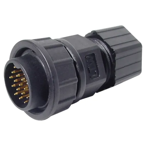 Waterproof IP67 rated 18 pin line connector for installations outdoors or in areas prone to moisture build up. 5A rated.
