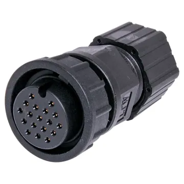 Waterproof IP67 rated 18 pin line connector for installations outdoors or in areas prone to moisture build up. 5A rated.