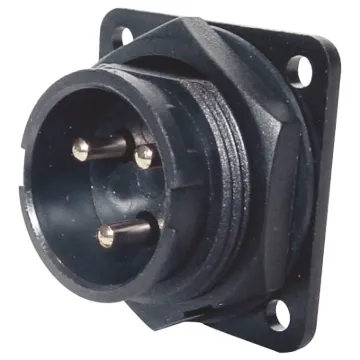 Waterproof IP66 rated 3 Pin male chassis connector for installations outdoors or in areas prone to moisture build up. 20A rated.