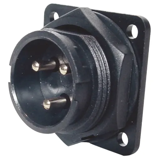 Waterproof IP66 rated 3 Pin male chassis connector for installations outdoors or in areas prone to moisture build up. 20A rated.