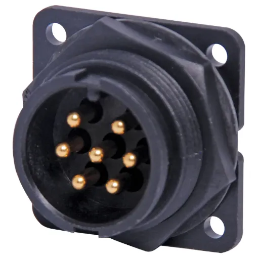 Waterproof IP66 rated 7 Pin male chassis connector for installations outdoors or in areas prone to moisture build up. 20A rated.