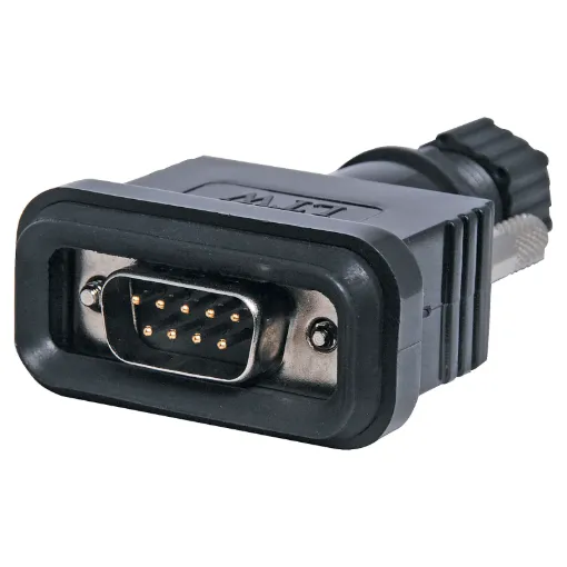 IP66 rated, inline, solder type, DE9 male connector. Suits data or low voltage/current applications.