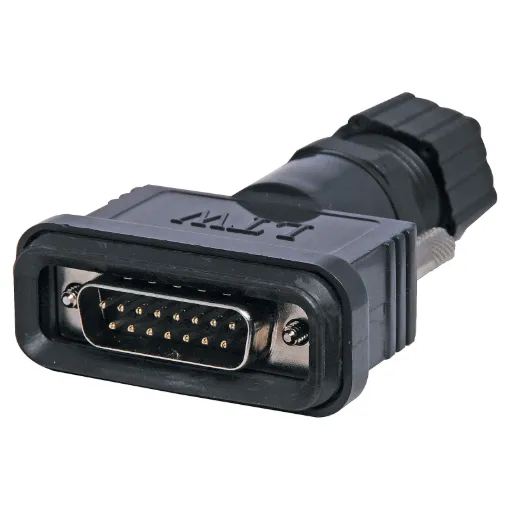 IP67 rated waterproof DA15 Male line connector. Will mate with generic Female DA15 connectors.
Contact Pins:  Copper alloy
Contact carrier  PBT, UL Recognised
Contact surface:  Gold plated
Temperature range:  -20 deg.C -60&ordmC