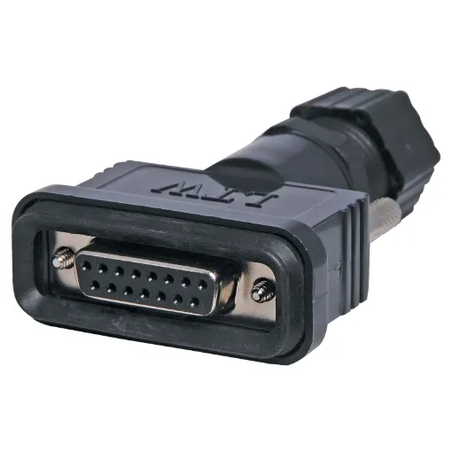 IP67 rated waterproof DA15 Female line connector. Will mate with generic Male DA15 connectors.