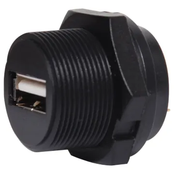 IP68 Rated waterproof USB type A panel mount connector with PCB pins.