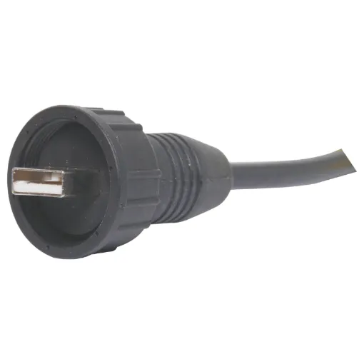 IP67 rated Waterproof USB type A Line connector with intergrated 3 metre cable. Screw connection to P9719 panel connectors.