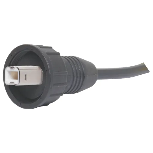 IP67 rated Waterproof USB type B Line connector with intergrated 3 metre cable. Screw connection to P9725 panel connectors.