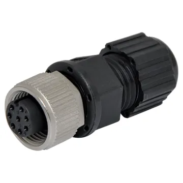 Male and female line connectors include metal screw on collars, with heavy duty plastic cable entries. Chassis connectors feature metal outer construction with plastic insert. Ideal for heavy duty industrial & marine applications. LTW M12 series.8 pin line female connector Cable entry: 3 to 6.5mm.