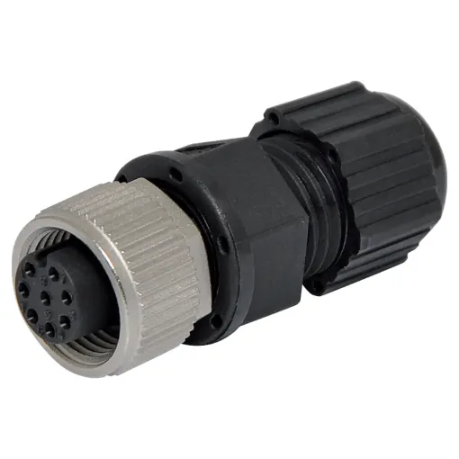 Male and female line connectors include metal screw on collars, with heavy duty plastic cable entries. Chassis connectors feature metal outer construction with plastic insert. Ideal for heavy duty industrial & marine applications. LTW M12 series.8 pin line female connector Cable entry: 3 to 6.5mm.