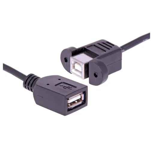 USB type B socket to USB type A socket lead, 160mm. Fitted with screw mount recesses for attaching to custom AV wallplates.