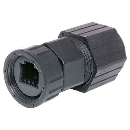 A standard 8P8C RJ45 plug fits inside this waterproof line plug housing.