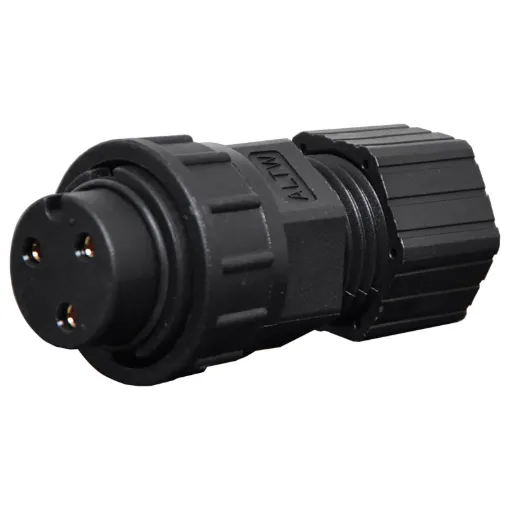 Waterproof IP67 rated 3 Pin female line connector for installations outdoors or in areas prone to moisture build up. 20A rated.