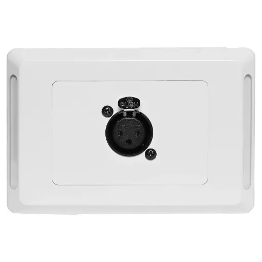 3pin XLR microphone connector mounted horizontally on a Clipsal pro wall plate. &quotOne-Shot&quot version with screw terminal connections for quick and easy connection on site.