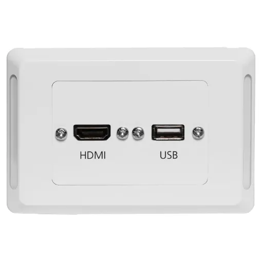HDMI and USB type A connections fitted to a Clipsal Pro Series wall plate which has been specifically designed for commercial building installations. Rear is fitted with 150mm fly leads with HDMI and USB type A socket for easy connection.