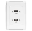 HDMI and USB type A connections fitted to a Clipsal Pro Series wall plate which has been specifically designed for commercial building installations. Rear is fitted with 150mm fly leads with HDMI and USB type A socket for easy connection.
