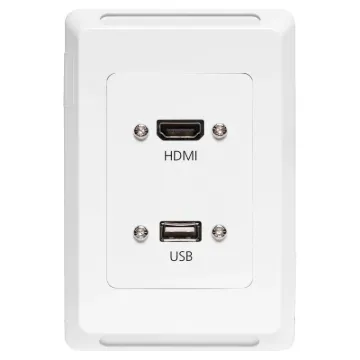 HDMI and USB type A connections fitted to a Clipsal Pro Series wall plate which has been specifically designed for commercial building installations. Rear is fitted with 150mm fly leads with HDMI and USB type A socket for easy connection.