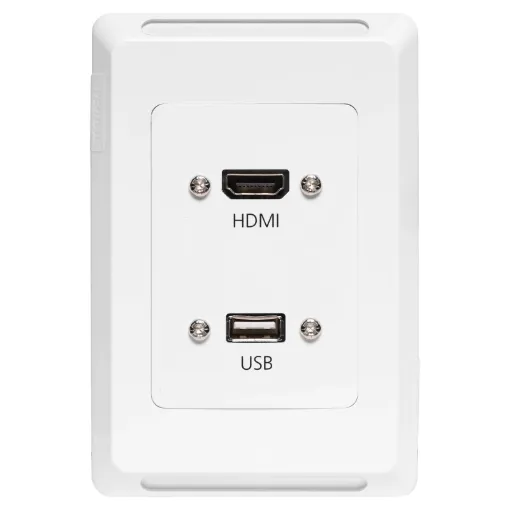 HDMI and USB type A connections fitted to a Clipsal Pro Series wall plate which has been specifically designed for commercial building installations. Rear is fitted with 150mm fly leads with HDMI and USB type A socket for easy connection.