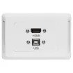 HDMI and USB type B connections fitted to a Clipsal Pro Series wall plate which has been specifically designed for commercial building installations. Rear is fitted with 150mm fly leads with HDMI and USB type A socket for easy connection.