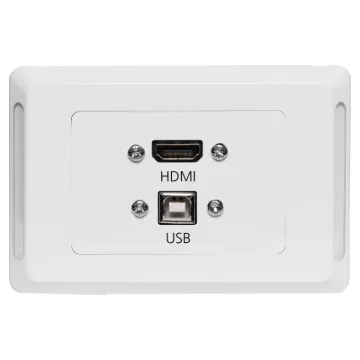 HDMI and USB type B connections fitted to a Clipsal Pro Series wall plate which has been specifically designed for commercial building installations. Rear is fitted with 150mm fly leads with HDMI and USB type A socket for easy connection.