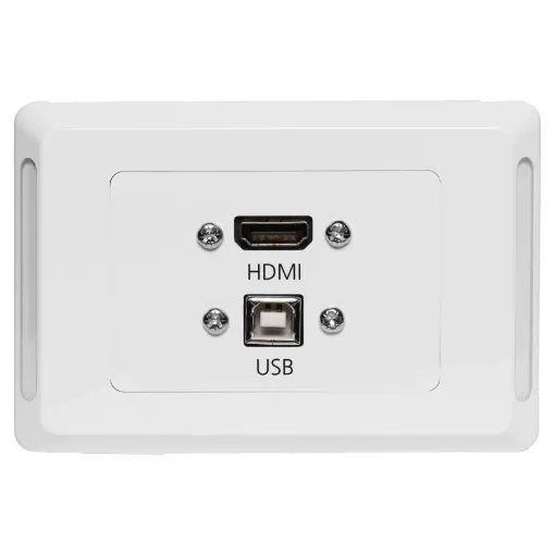HDMI and USB type B connections fitted to a Clipsal Pro Series wall plate which has been specifically designed for commercial building installations. Rear is fitted with 150mm fly leads with HDMI and USB type A socket for easy connection.
