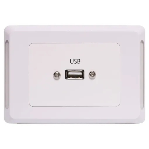 USB type A connections fitted to a Clipsal Pro Series wall plate which has been specifically designed for commercial building installations. Rear is fitted with 150mm fly lead with a USB type A socket for easy connection.